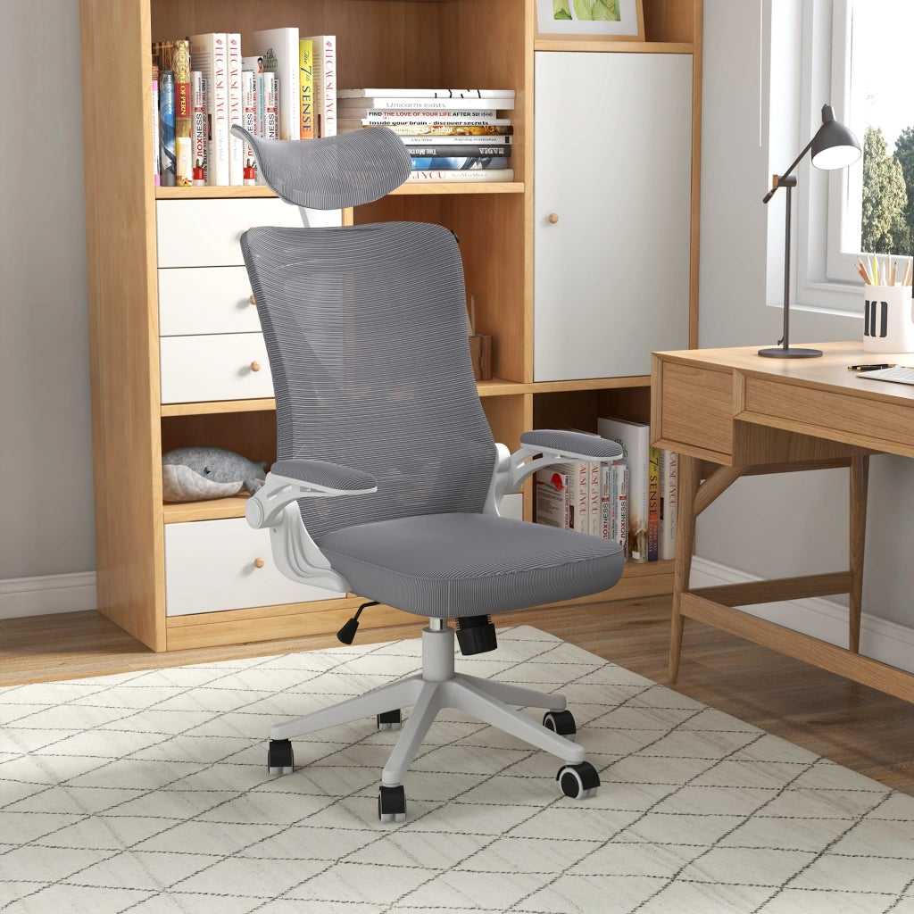 Easycomfort Sedia da Ufficio ad Altezza Regolabile con Supporto Lombare e Braccioli Ribaltabili, 65x64x120-130 cm