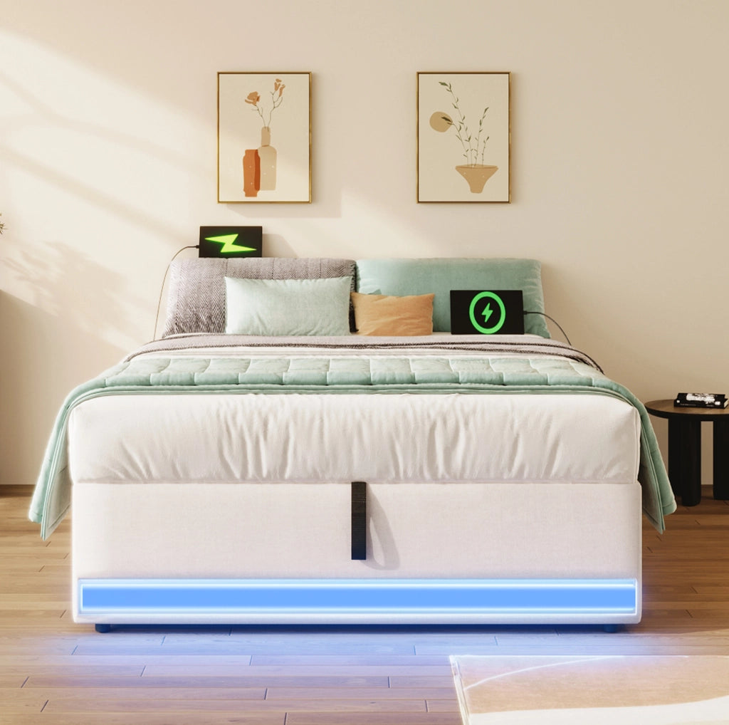 LETTO imbottito 90x200 cm in lino beige con LED, USB, Tipo-C e tasche laterali