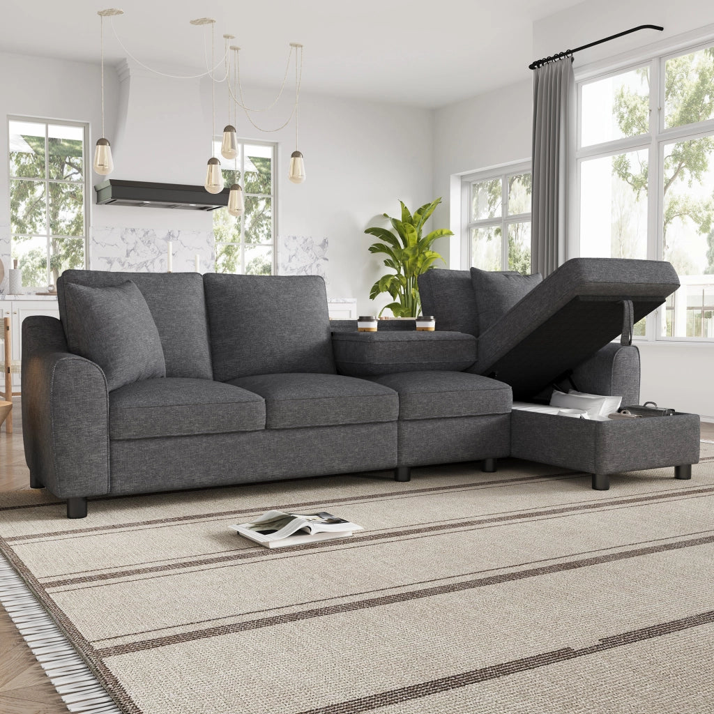 Divano modulare a L in Chenille grigio con chaise longue contenitore, 4 posti, 280¡Á136¡Á82 cm