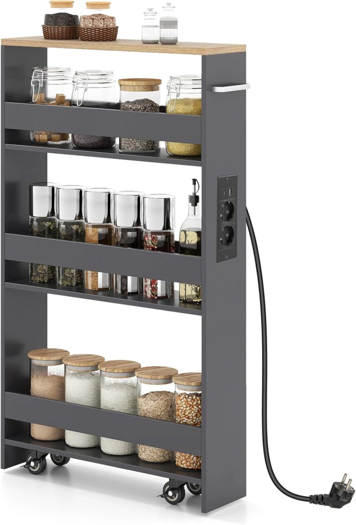 Scaffale per Nicchia da 20 cm di Larghezza, con Base di Ricarica, 4 Piani in Legno su Ruote, Scaffale Sottile per Cucina e Bagno, Carrello a Rotelle (Naturale+Grigio, Largo 13 cm, con presa)