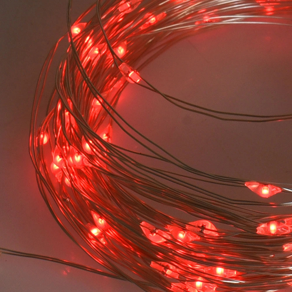 CATENA LUMINOSA SOLARE 10 METRI 100 MICRO LED ROSSI - CAVO FLESSIBILE ARGENTO PER DECORAZIONI NATALIZIE GIARDINI E INTERNI
