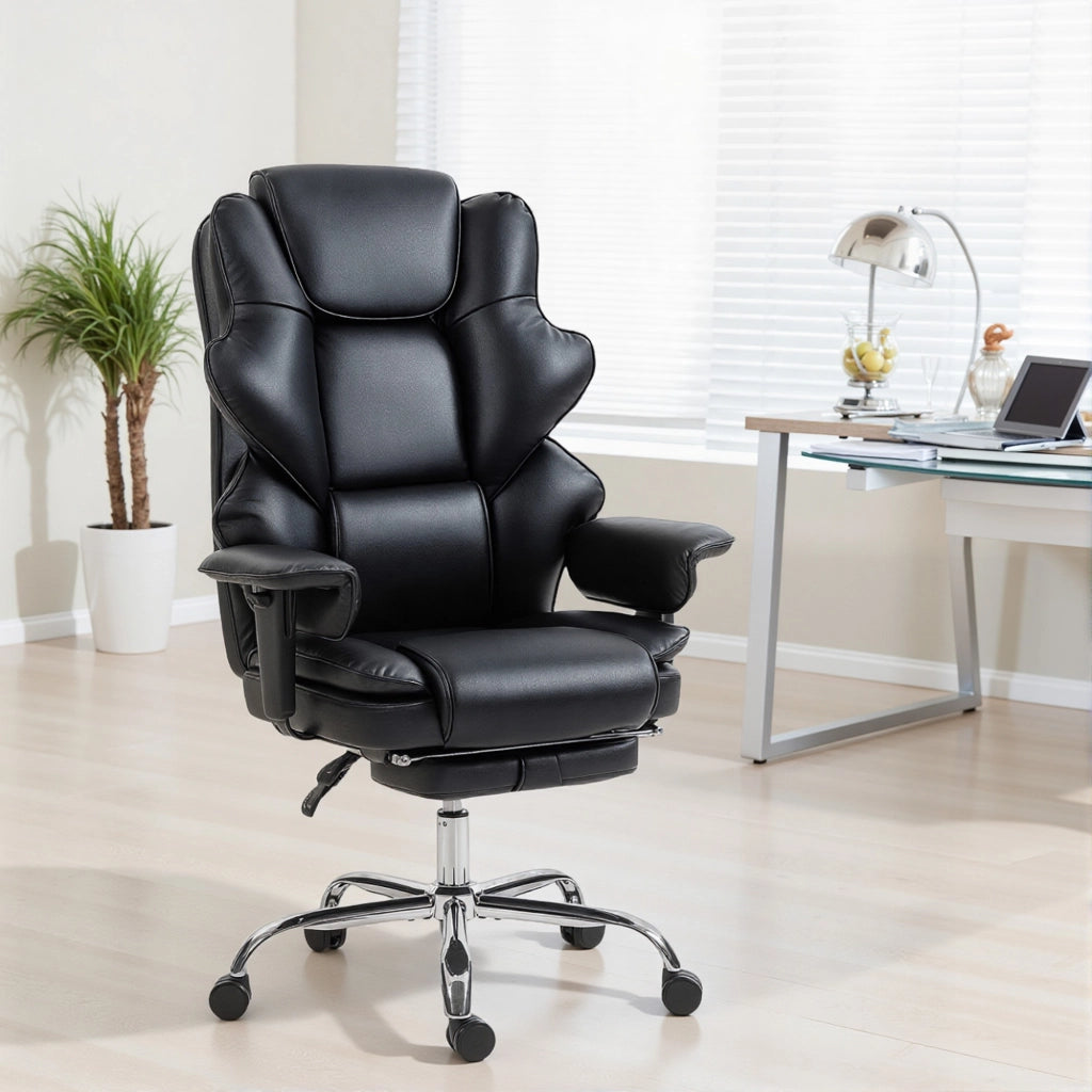 Sedia da Ufficio 76x73x117-125 cm con Poggiapiedi e Poggiatesta in Pelle PU Schiuma e Metallo Nero