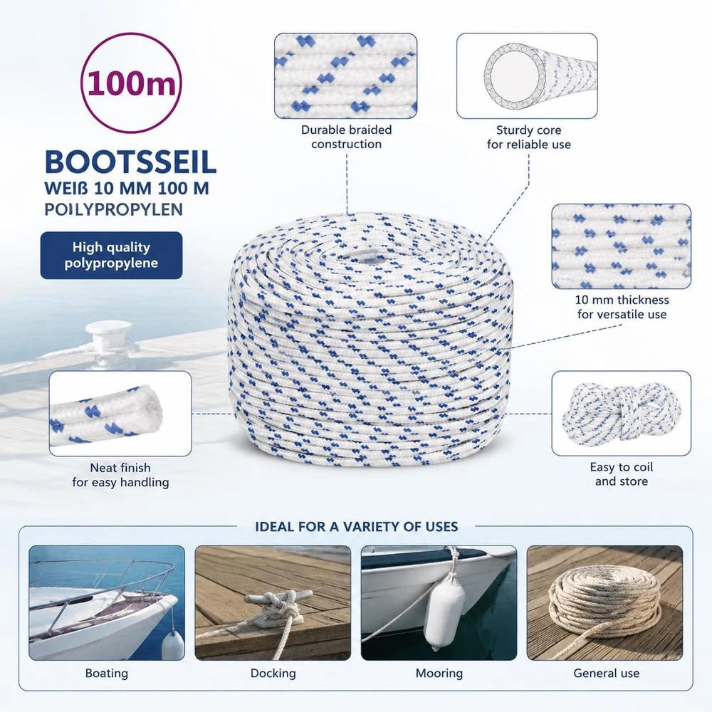 Boat Rope, White, 10 Mm, 100 M, Polypropylene