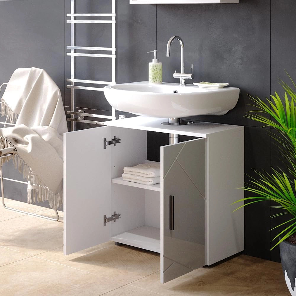 Mobile sottolavabo per bagno Irma, Bianco lucido, 60 x 59 cm, con ritaglio per sifone e ripiano interno per conservazione