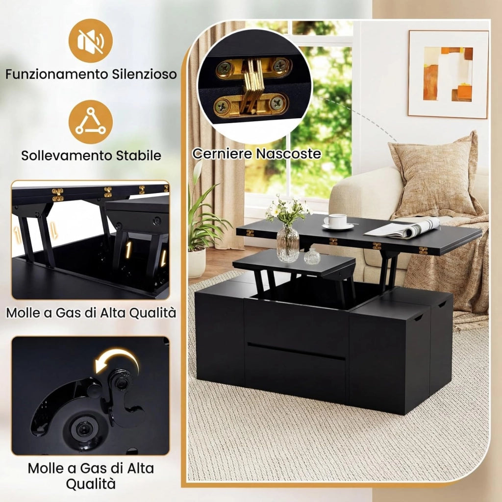 Tavolino con Piano Sollevabile e Pieghevole, Tavolino da Salotto 3 in 1 con 4 Sgabelli Contenitori, Scomparto Nascosto e Cassetto, Tavolo Rettangolare per 4-8 Persone (Nero)