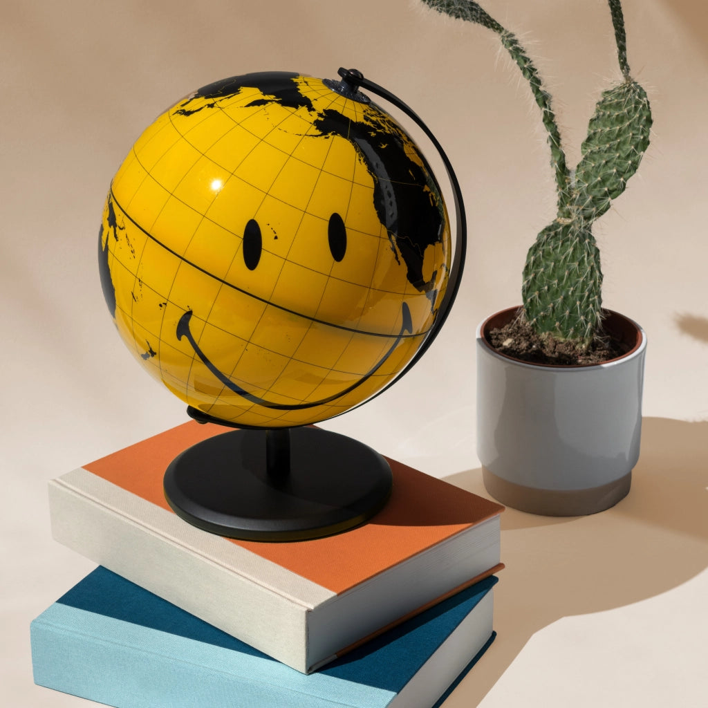 Mappamondo "Smiley" – Globo girevole da scrivania giallo con faccina sorridente