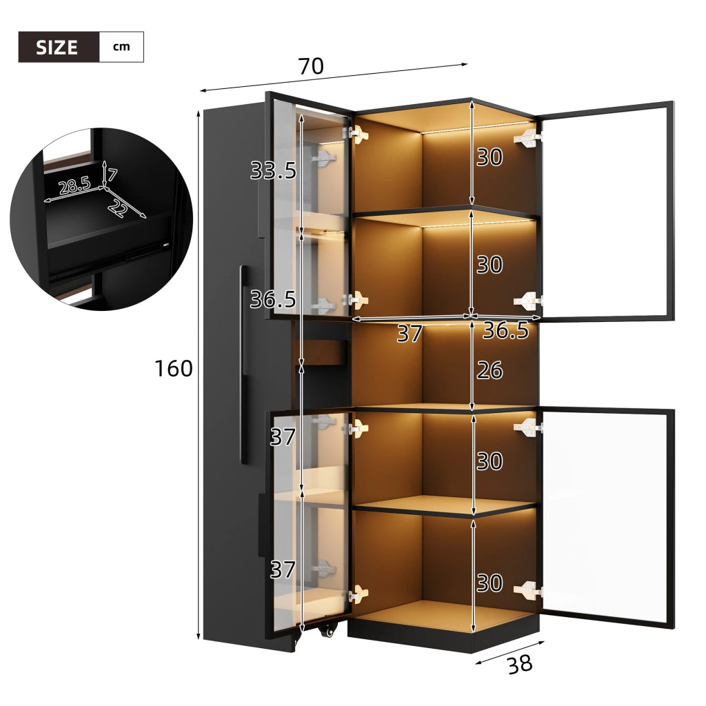 Vetrina in vetro 70×38×160 cm con ripiani estraibili, LED multicolore, MDF e vetro, colore nero