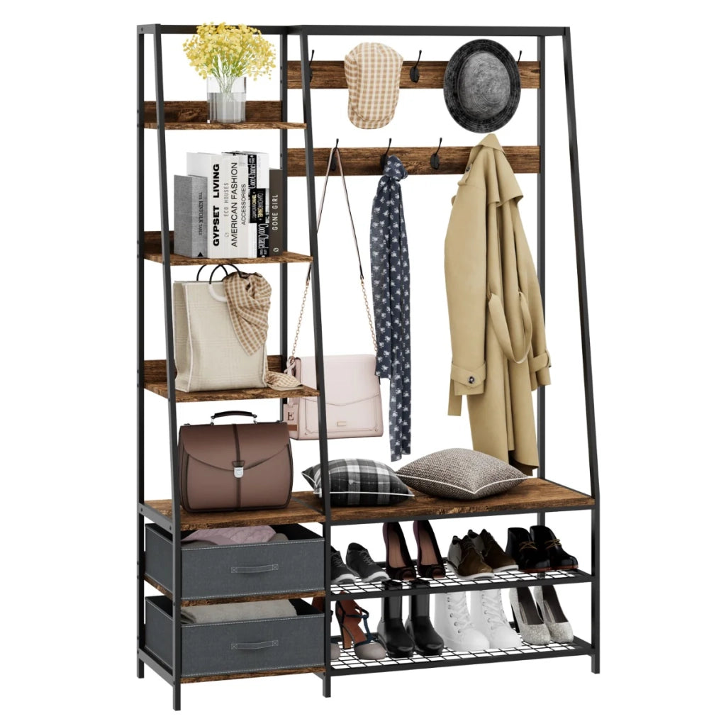 Mobile da ingresso con panca 122 x 40 x 180 cm 9 doppi ganci spazio contenitivo ottimale stile industriale legno marrone 20_0019279