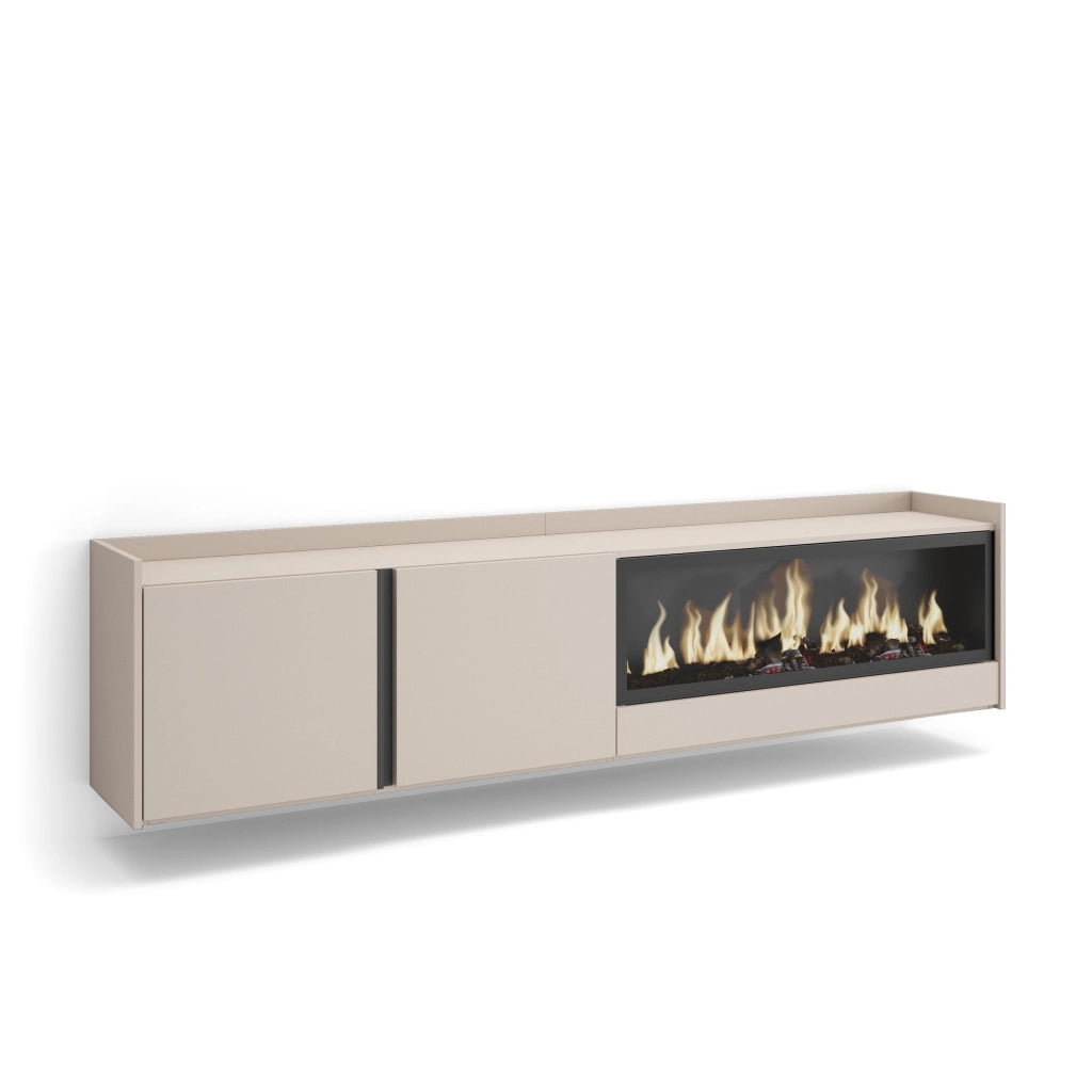 Mobile TV Soggiorno, 212x50x35 cm, Per TV fino a 80", Camino elettrico XXL, Sospeso, da appendere, Beige