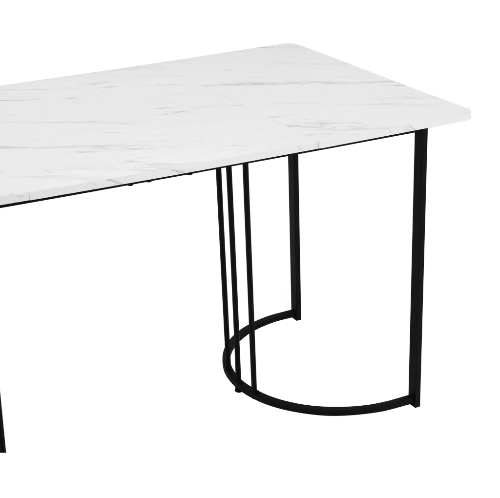 Tavolo da pranzo rettangolare 140x80 cm con piano effetto marmo in MDF e struttura in metallo; bianco