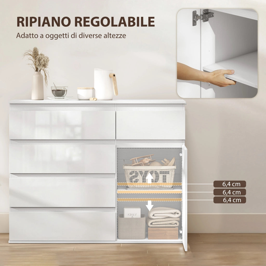 Credenza con 5 Cassetti, Ripiano Regolabile ¨C zephmum ¨C Bianco Lucido