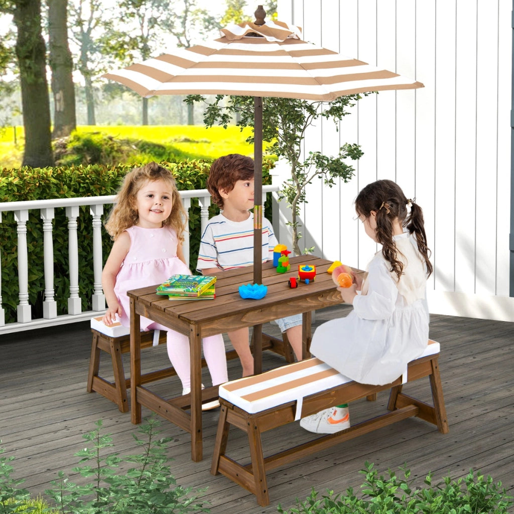 Tavolo da picnic per bambini con ombrello, Set di tavolo e panca in legno con cuscini  per attivit¨¤ Marrone-Tavoli e sedie