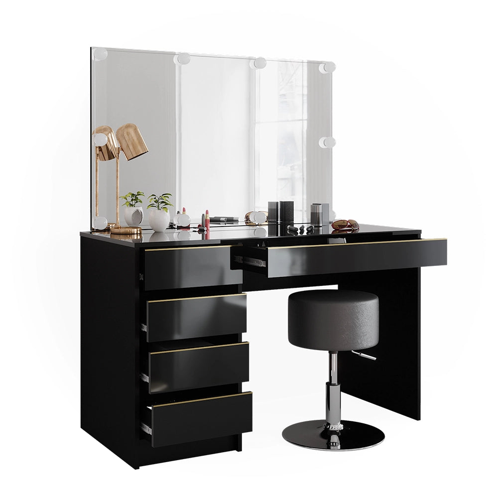 Vicco Tavolino da toilette Nero/oro 120 cm con illuminazione a LED e sgabello