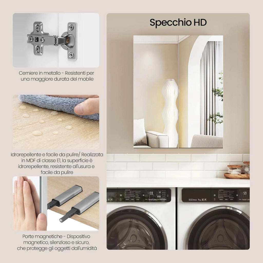 Armadietto da Bagno Pensile, Specchio Contenitore con 2 Ripiani Interni Regolabili, Mobile Sospeso da Bagno Salvaspazio con 2 Ante, Mobiletto Bianco e Rovere 60x20x75cm