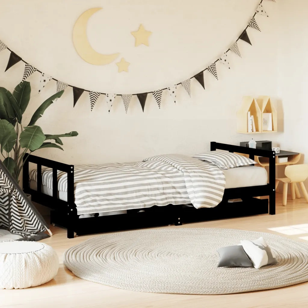 Giroletto per Bambini con Cassetti-Struttura Letto Bambini con contenitore Nero 90x190 cm Massello Pino