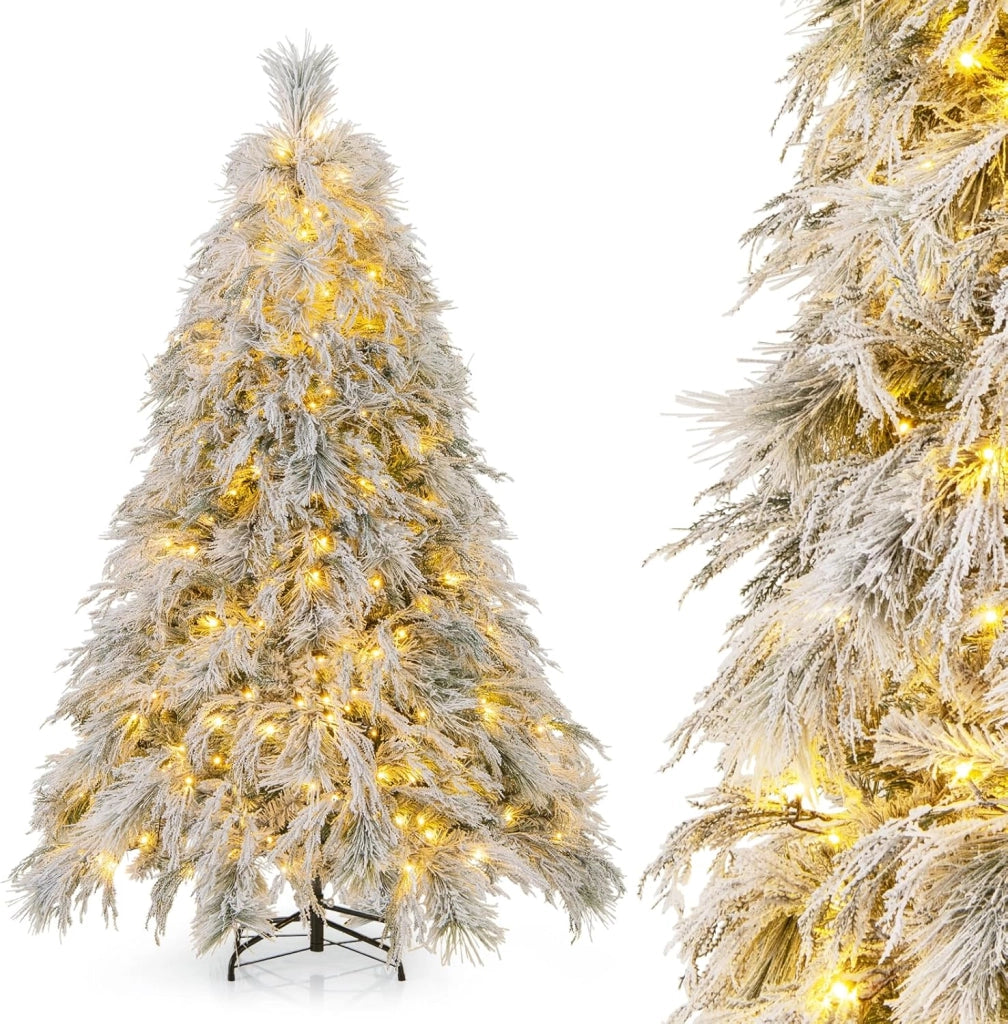 Albero di Natale Innevato 146/180 CM, Albero di Natale ArtificialePre-Luminoso con Cerniera e 150/250 Luci LED Bianche Calde, 279/519 Punte di Ramo, Ago di Pino (180 CM)