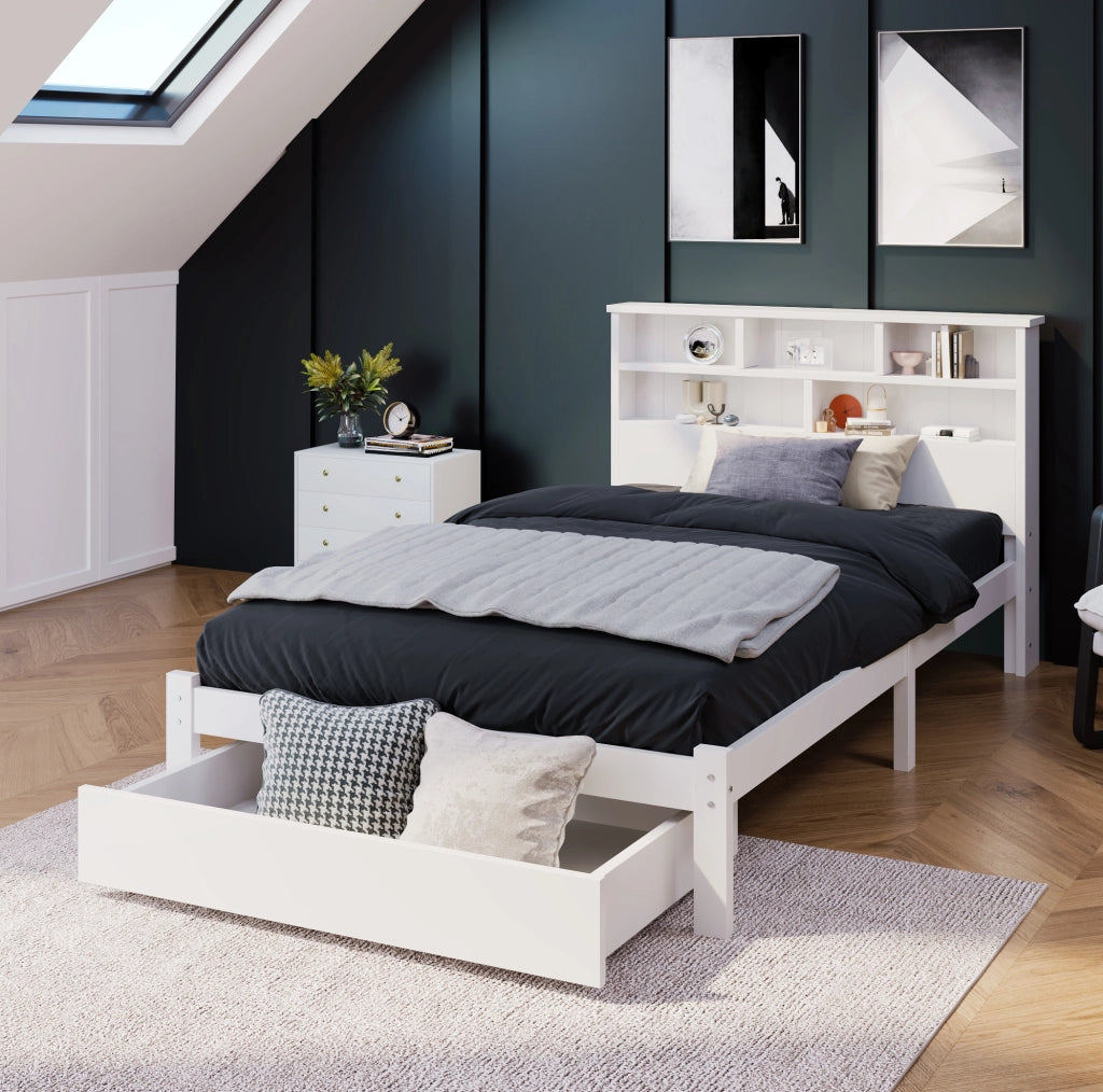 Letto singolo 90x200 cm con testiera a libreria e cassetti; legno; bianco (Senza materasso)