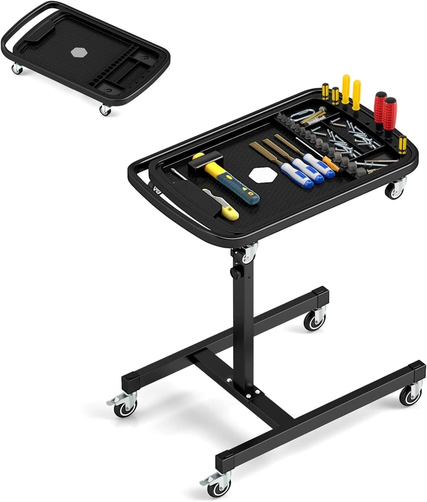 Carrello per officina, carrello girevole a 360°, altezza regolabile 80-130 cm, carico massimo 60 kg, grande vassoio rimovibile 73,5 x 46 cm, per garage, officina, soggiorno, casa, nero