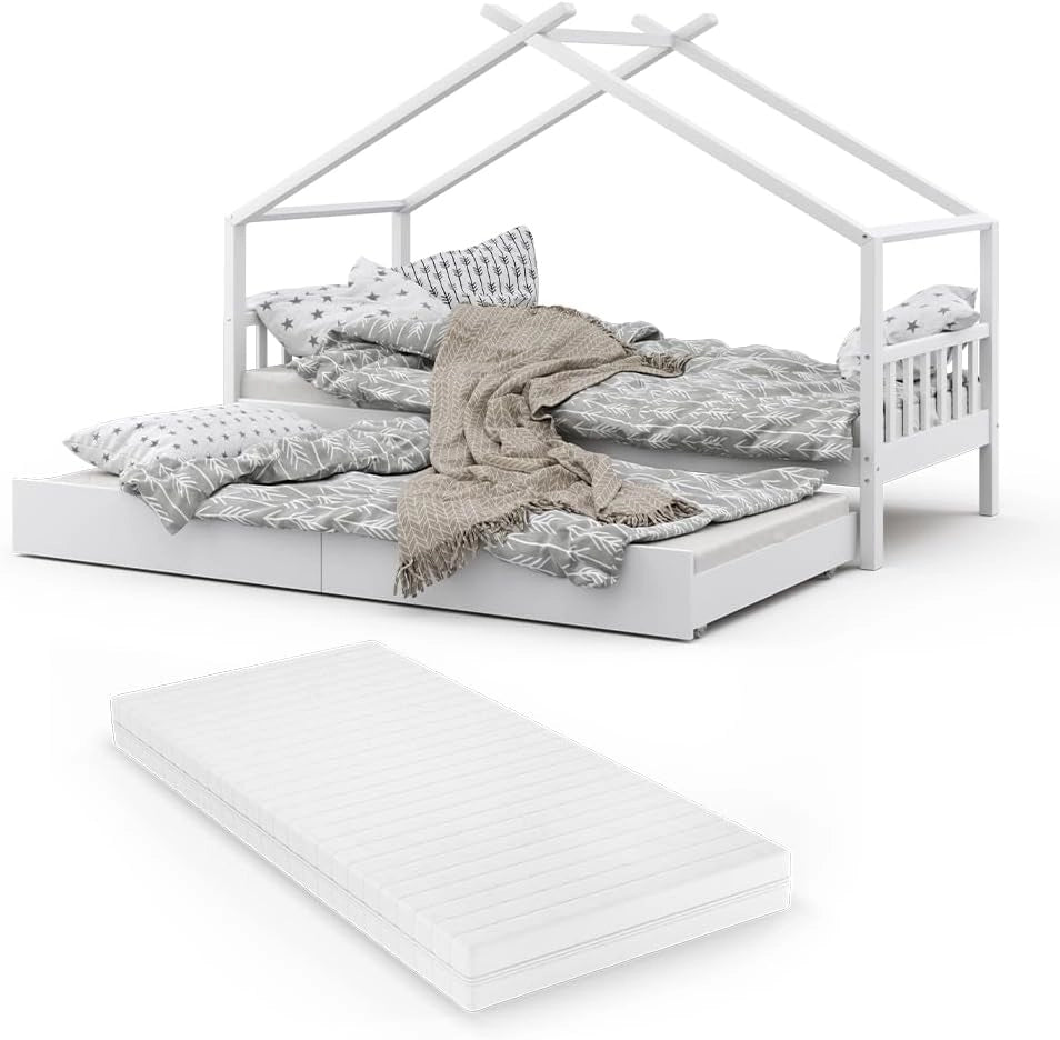Letto da casa Design, Bianco, 90x200 cm con letto per ospiti e materasso, con sponda anticaduta e rete a doghe per un sonno sicuro