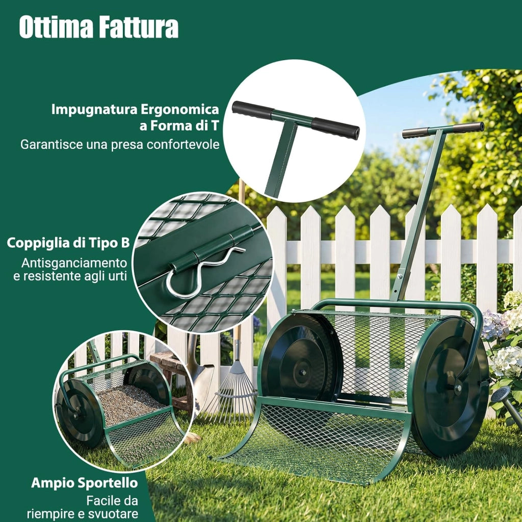 Spandiconcime a Rullo, Rullo da Giardino con Impugnatura Pratica Chiusure Laterali e Rete in Metallo per Concimazione e Semina, Spandiconcime per Prato e Giardino (40 x 61 cm Verde)