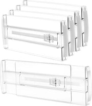 4 pacchi di dividersi per cassetto alti 10 cm, estensibili da 25 a 43 cm, organizzatori per cassetto in plastica trasparente per l'archiviazione di abbigliamento, cosmetici e accessori da cucina