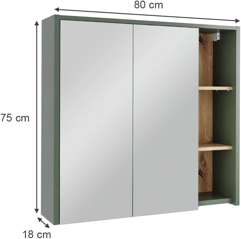 Mobile a specchio per bagno Viola, Verde/Artigianale, 80 x 75 cm con ripiani aperti, per montaggio a parete con specchio integrato e ripiani
