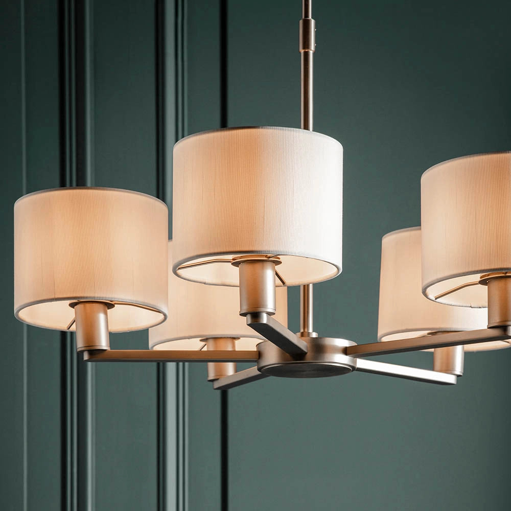 Lampadario 5 luci nichel opaco paralumi bianco E14