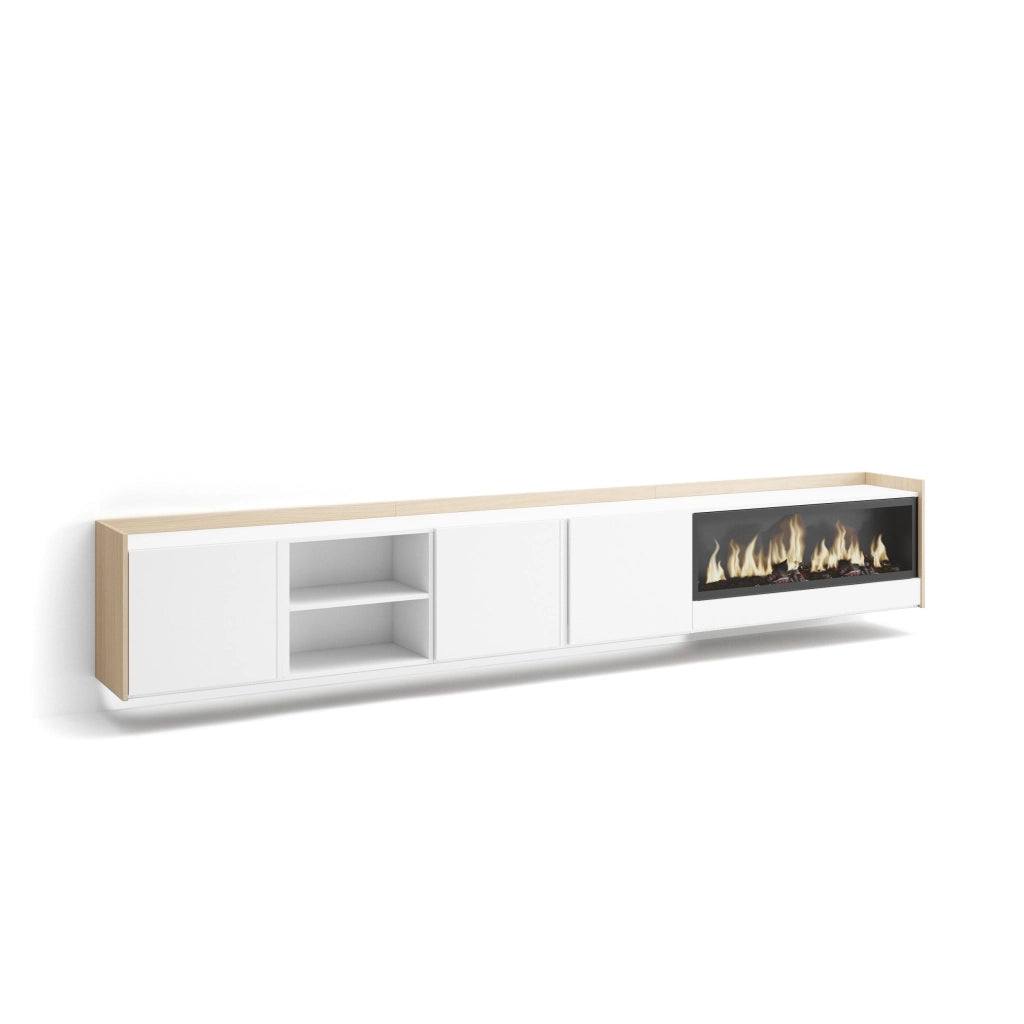 Mobile TV Soggiorno, 315x50x35 cm, Per TV fino a 80", Camino elettrico XXL, Sospeso, da appendere, LED, Bianco e Rovere soft