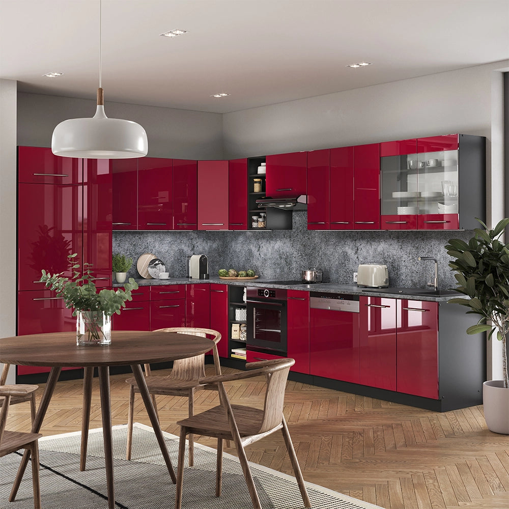 Cucina angolare completa Fame-Line Bordeaux lucido/Antracite 347 x 60 cm, PL Marmo Vicco
