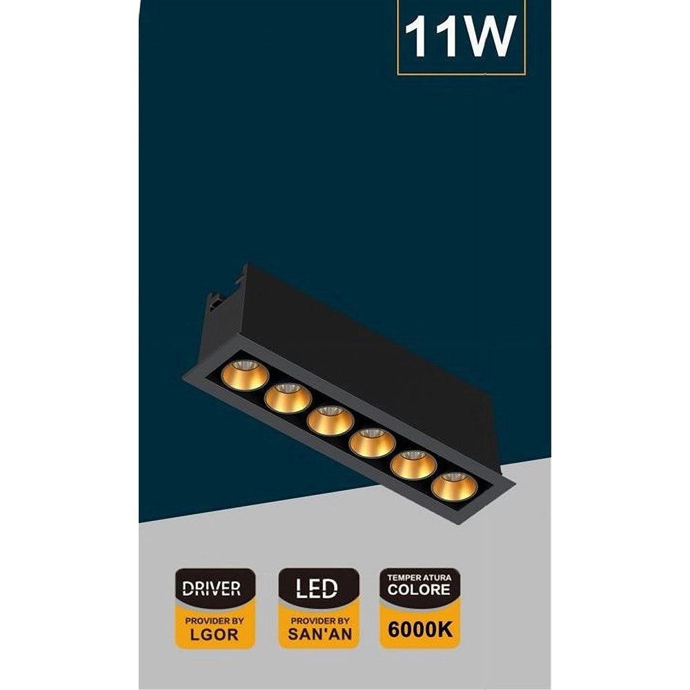 Trade Shop - Faretto Led Rettangolare Incasso 11w Luce 6000k 4000k 3000k Moderno Nero Xtd-6-n -