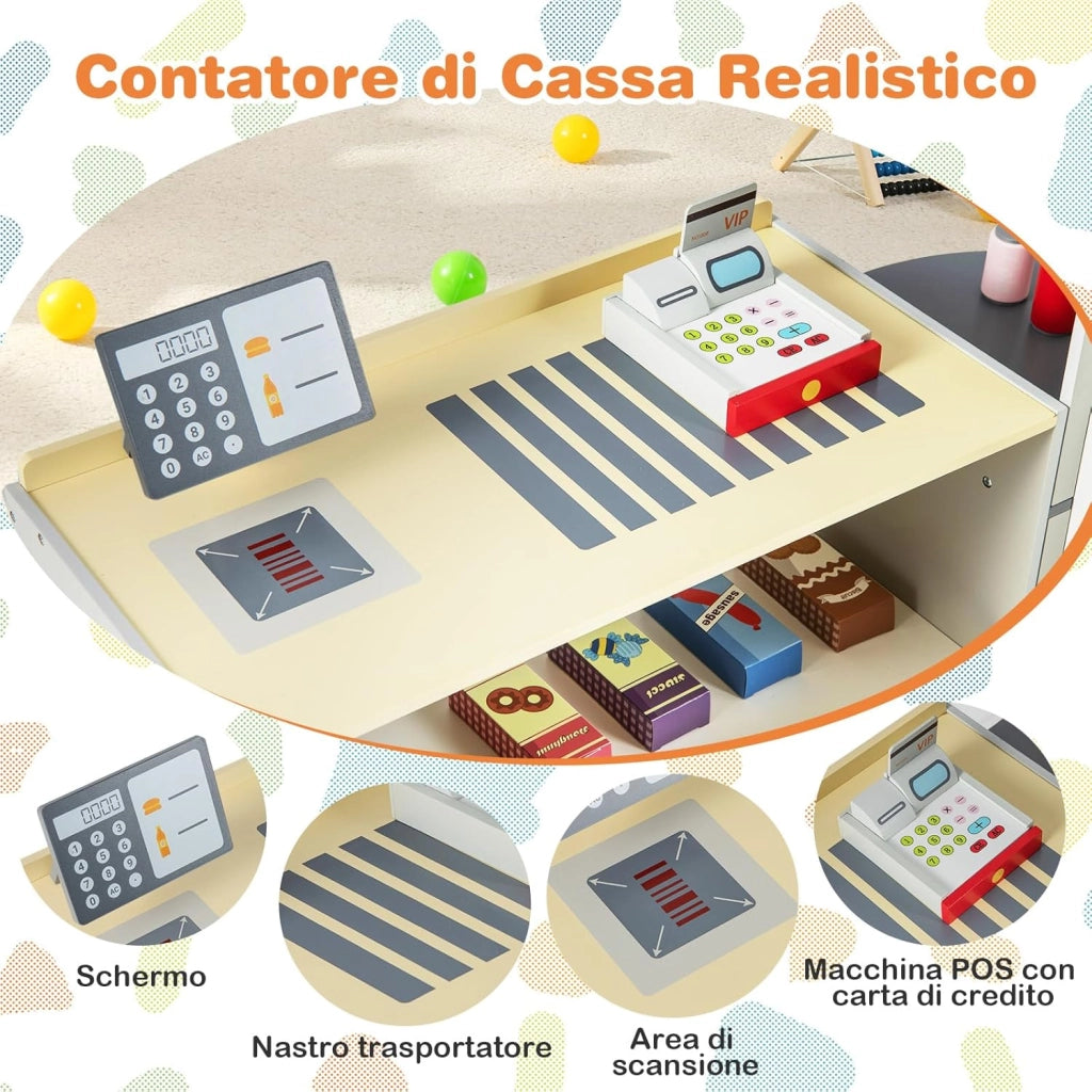 Negozio Alimentare per Bambini, Set di Giocattoli Supermercato in Legno con Cassa, Macchina POS, Distributore Automatico, Lavagna Scrivibile, per Bambini 3-8 Anni (Grigio)