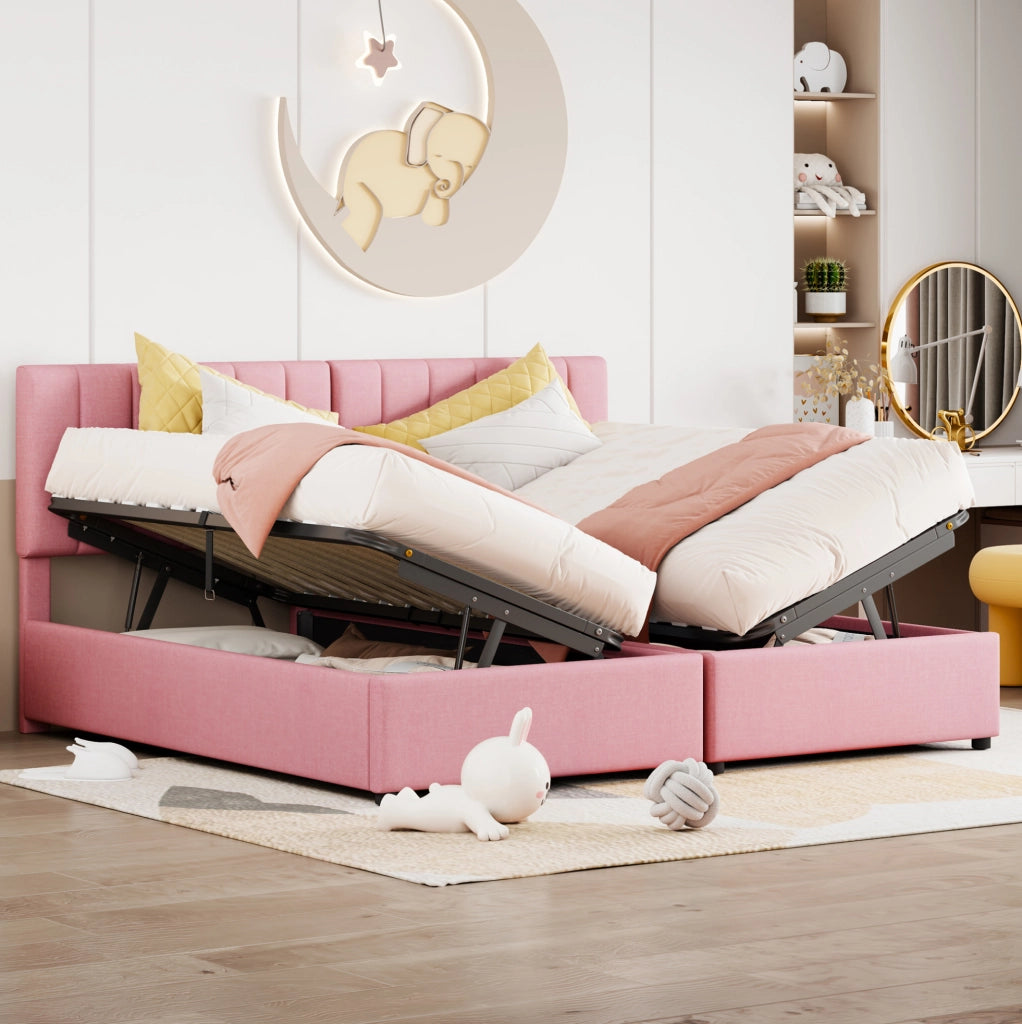 Letto imbottito rosa 180x200 cm con contenitore idraulico, trasformabile in 2 letti