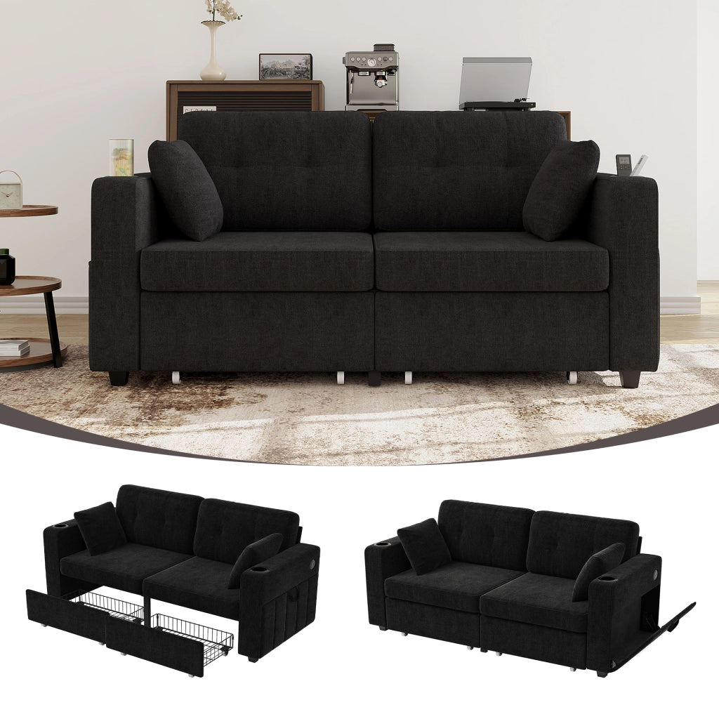Divano a 2 posti con cassetti contenitore, portabicchieri e tasche laterali in ciniglia nera 172 × 75 × 82 cm