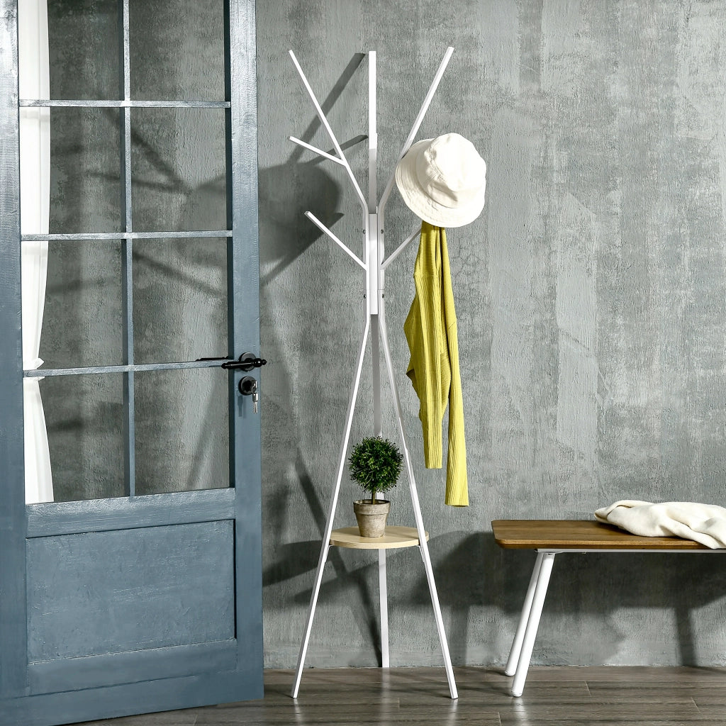 Scaffale con 3 aste appendiabiti 8 ganci e piano d'appoggio per ingresso in ferro bianco 45 × 45 × 180 cm