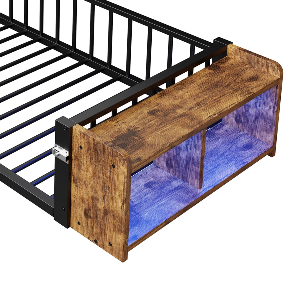 Letto per Bambini 90×200 cm; Letto Singolo con Sponda di Sicurezza; Vano Aperto e LED; senza Materasso; Nero