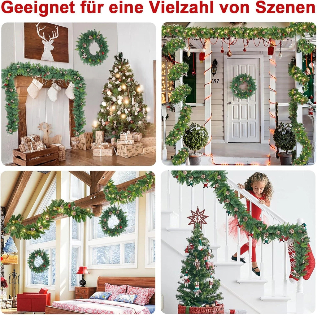 Ghirlanda natalizia con illuminazione, 800 cm, ghirlanda di abete, ghirlanda di Natale, spina di Natale, alimentazione con pigne rosse, decorazione natalizia per esterni