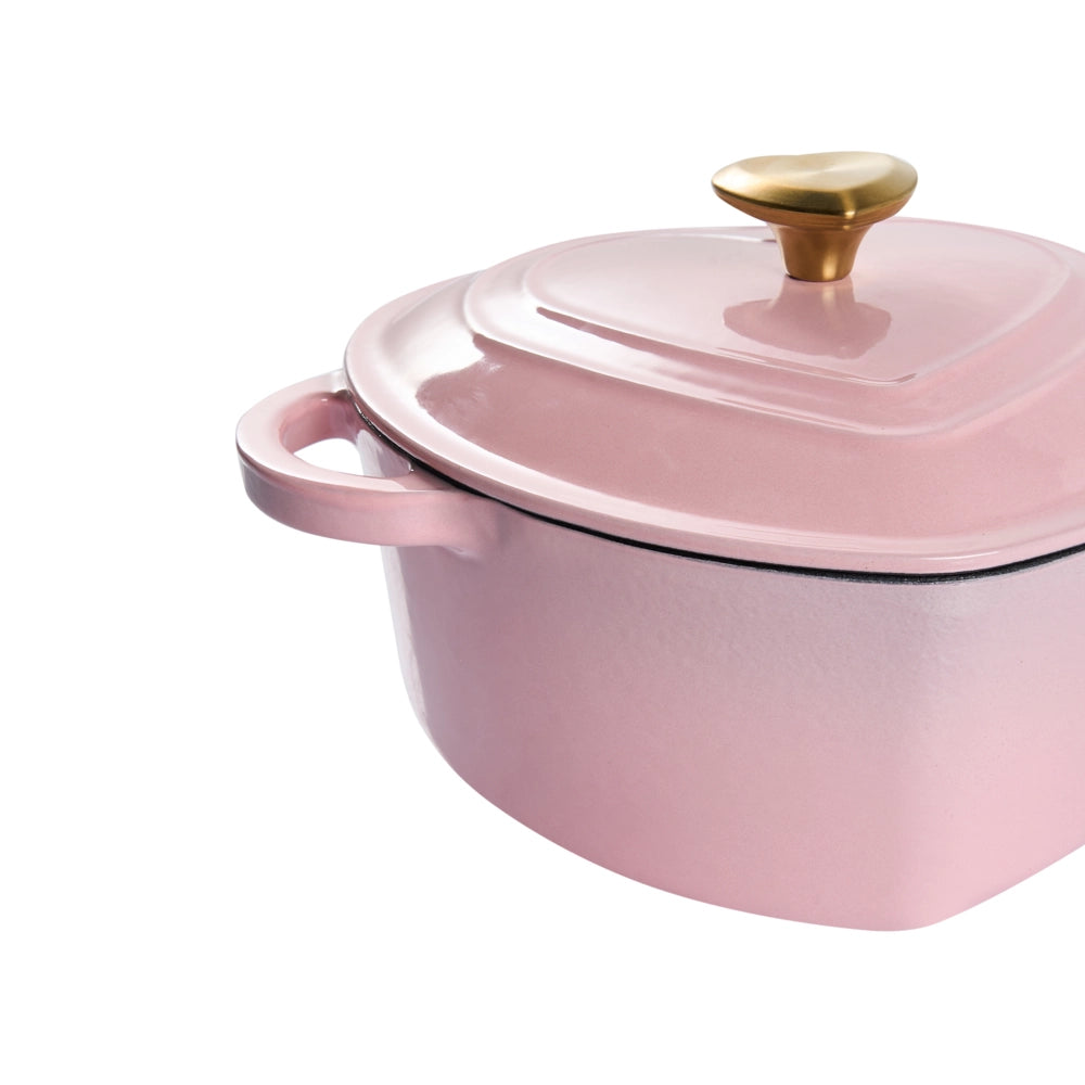 Casseruola rosa in ghisa smaltata con coperchio e manopola in acciaio inossidabile a forma di cuore adatta al forno e compatibile con tutti i tipi di piano cottura per la cucina