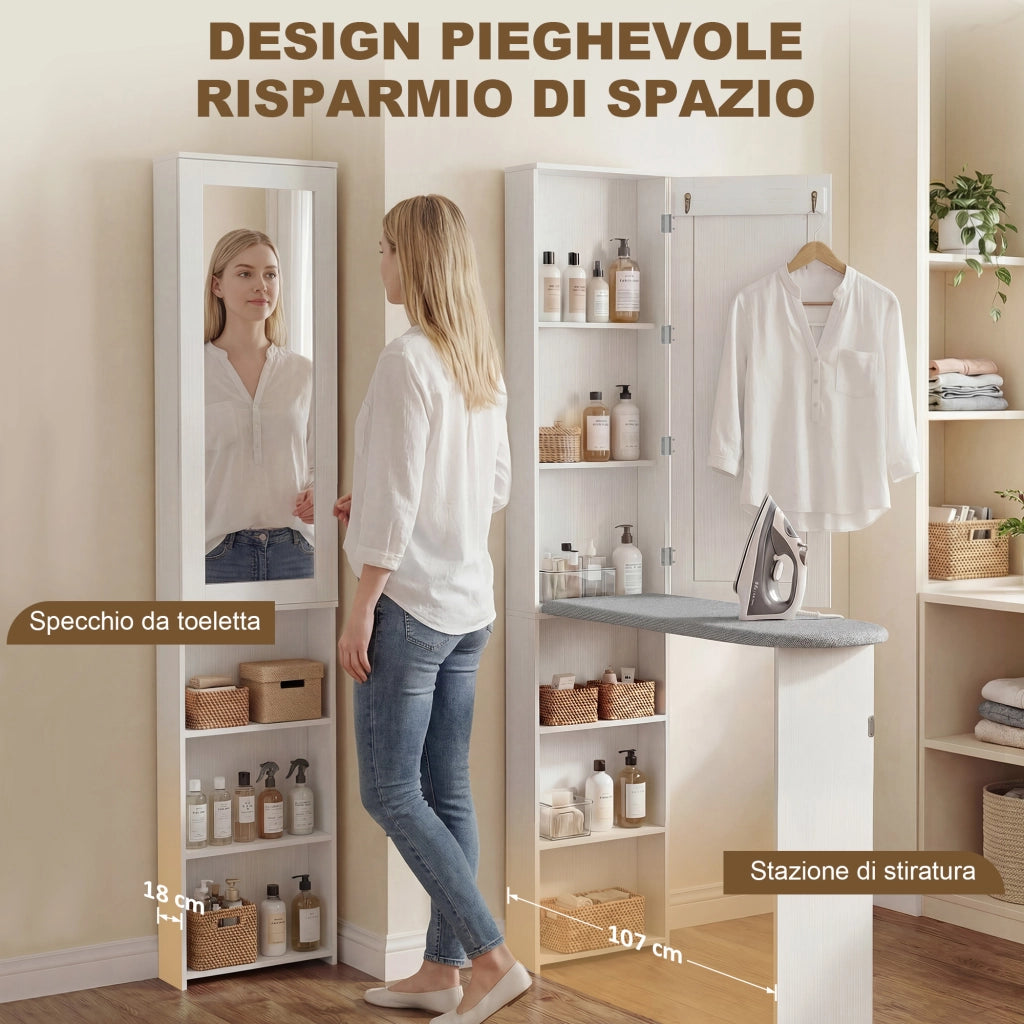 Mobile Asse da Stiro Pieghevole 107x35x174 cm a 6 Ripiani con Specchio e 2 Ganci in Legno e Poliestere Bianco