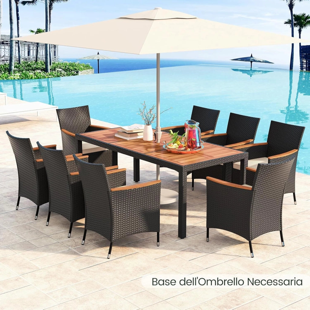 Set da Giardino 9 Pezzi in Rattan PE, Set Pranzo da Giardino con 1 Tavolo e 8 Sedie con Cuscini, Tavolo da Esterno con Piano in Legno di Acacia e Foro per Ombrellone, Naturale