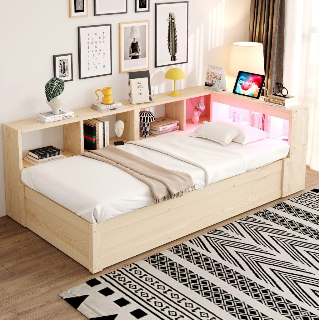 Letto multifunzione 90x200 cm con LED, presa integrata e vani contenitore