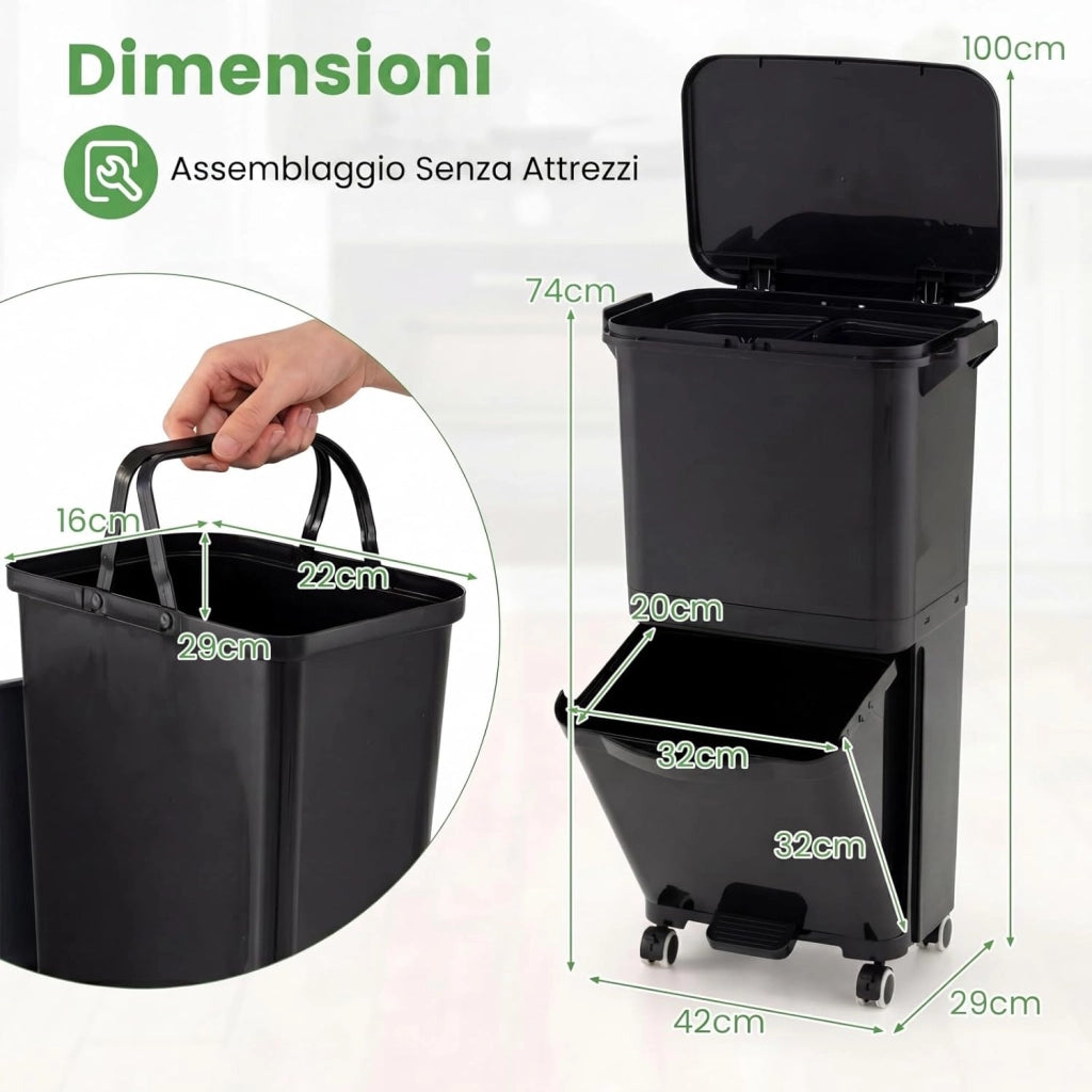 40L Pattumiera Differenziata a 3 Scomparti, Bidone per Spazzatura con Cestino Rimovibile e 4 Ruote, Secchio Rifiuti a Pedale per Cucina Sala da Pranzo Soggiorno (Nero)