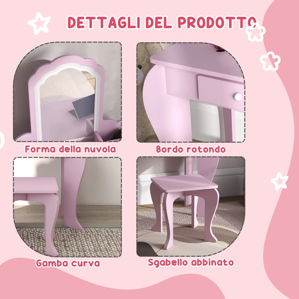 Toeletta Bambini con Specchio e Sgabello in Legno ¨C zephmum ¨C Rosa