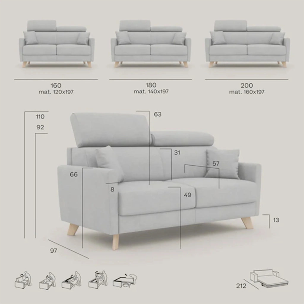 Francy Divano letto matrimoniale con poggiatesta regolabili in tessuto impermeabile e smacchiabile T17 200 cm (mat. 160x197) marrone