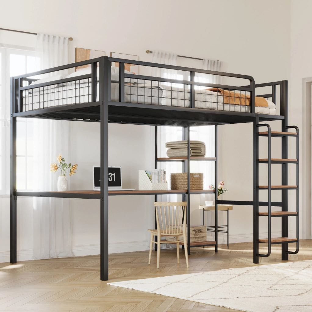 Letto a soppalco 140x200 cm in metallo con scrivania; scaffali e scala; nero