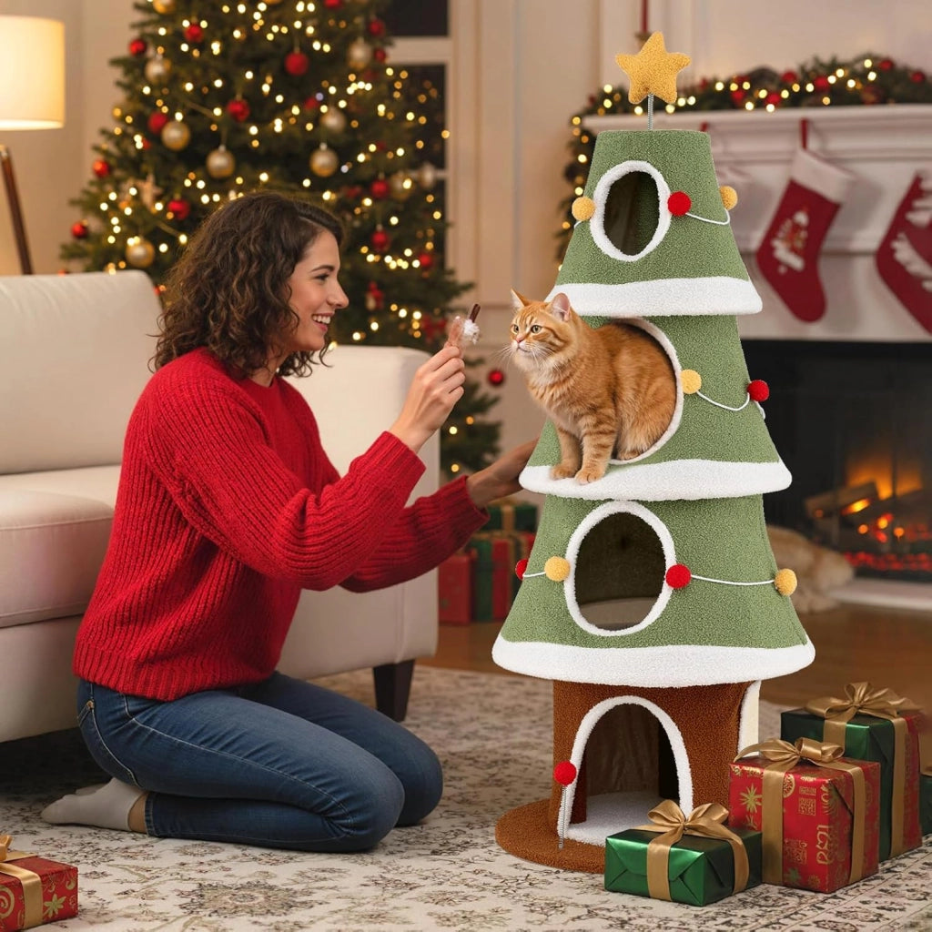 Albero di Natale per Gatti da Interno, Tiragraffi per Gatti Alta 154 cm con 4 Condomini, Pallina Pendete, Giocattolo a Molla e Stella in Cima, Mobile per Animali per Decorazioni Natalizie