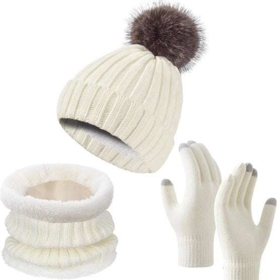 Cappello 3 in 1 con Pizzo e Piuma - Sciarpa di Ingegneria infinita - Guanti da Touchscreen - Inverno - Uomo e Donna - Attività all'aperto - Utilizzo quotidiano - Regalo - Bianco