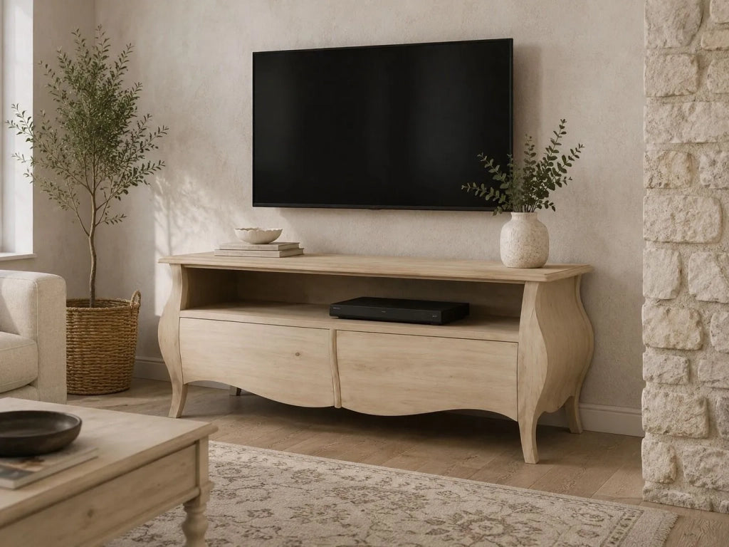 Porta tv  classico in legno bombato 2 cassetti grezzo l.141 p.45 h.62 (3267) - Mobili 2G