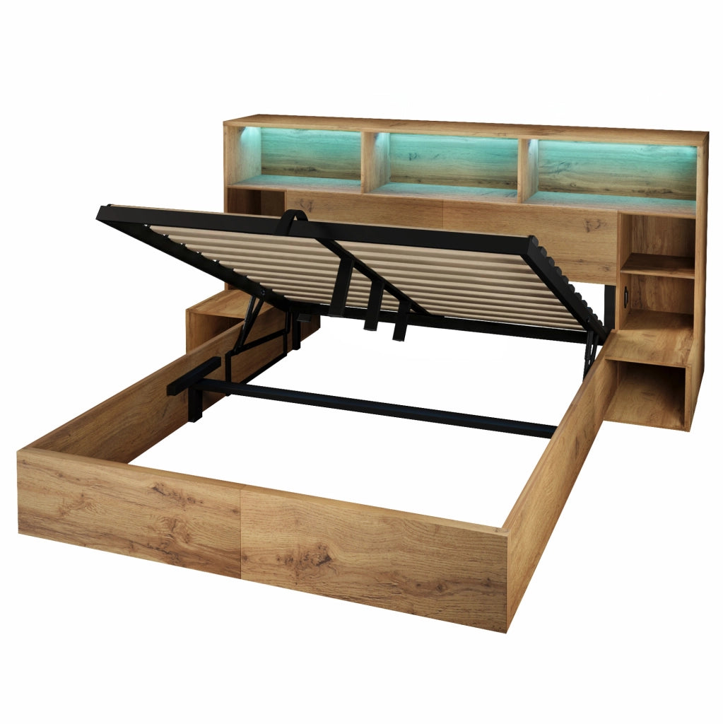 Letto matrimoniale 160x200 cm effetto rovere con contenitore; LED; USB e comodini integrati