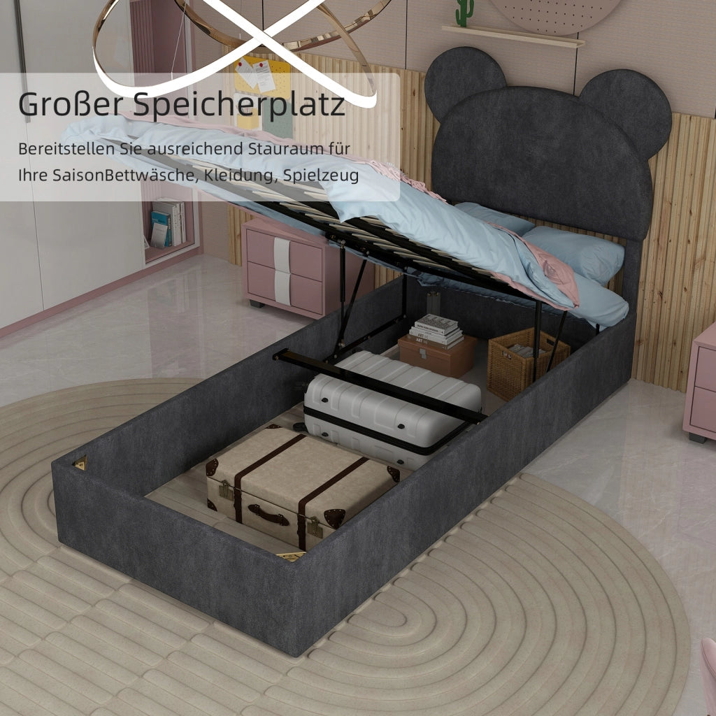 Letto imbottito 90x200 - Xylo - Grigio con funzione di sollevamento