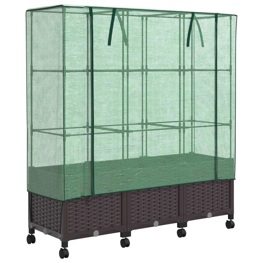 Vaso da Giardino con Copertura per Serra e Ruote 3 pz Marrone 3423066